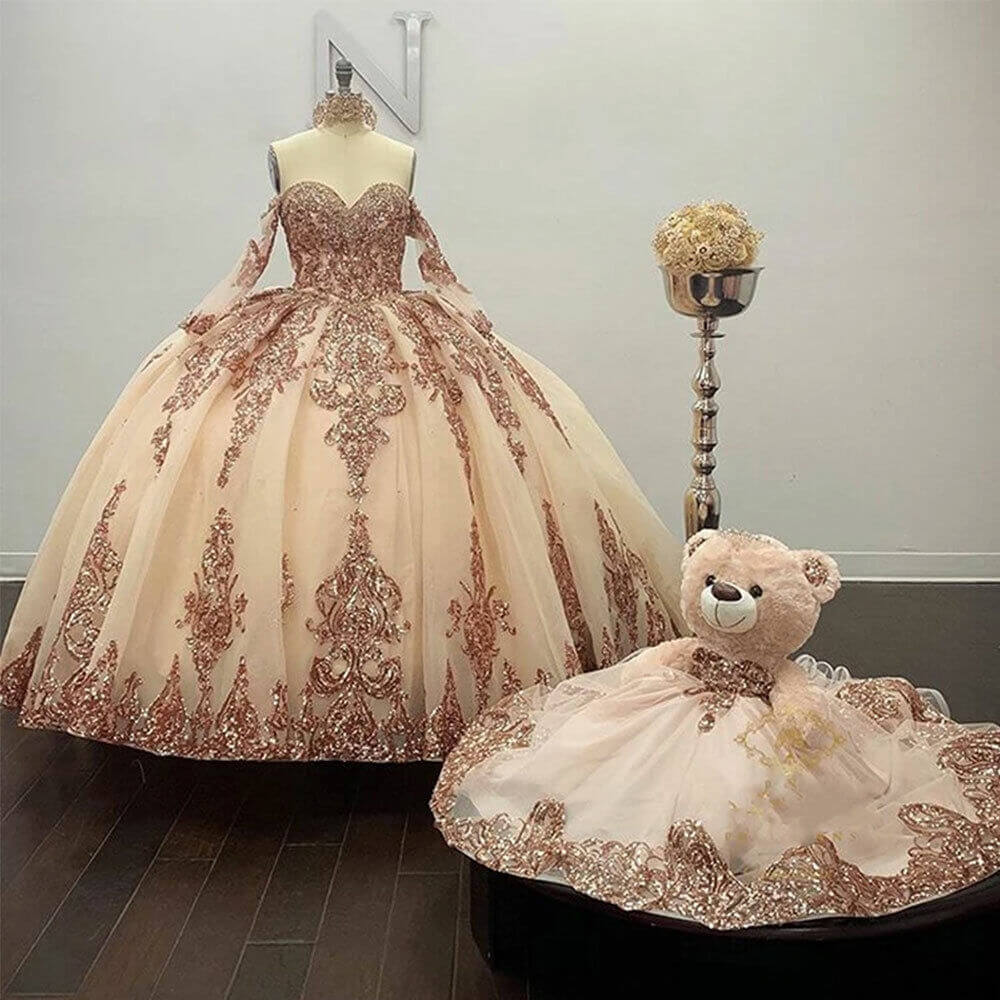 Vestidos de quinceañera de oro rosa baratos