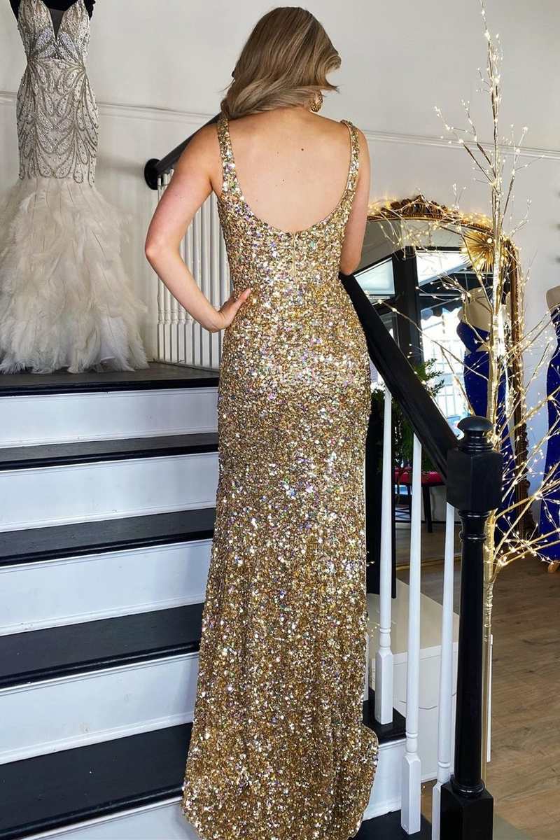 Sequin Gold Square Neck Prom Dresses Mermaid Long Formal Dress Backles Mychicdress 3428