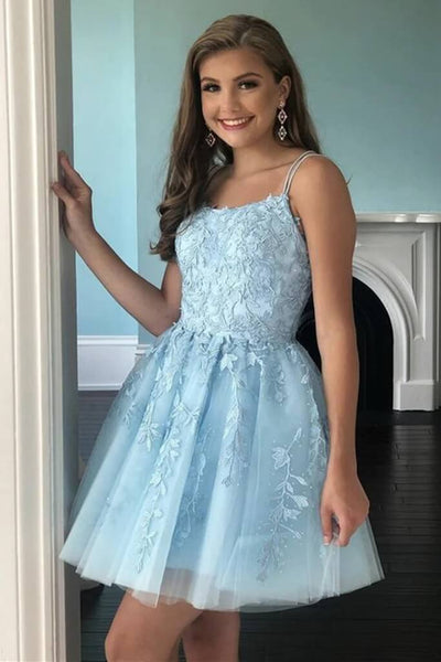 Short Blue Lace Homecoming Dresses