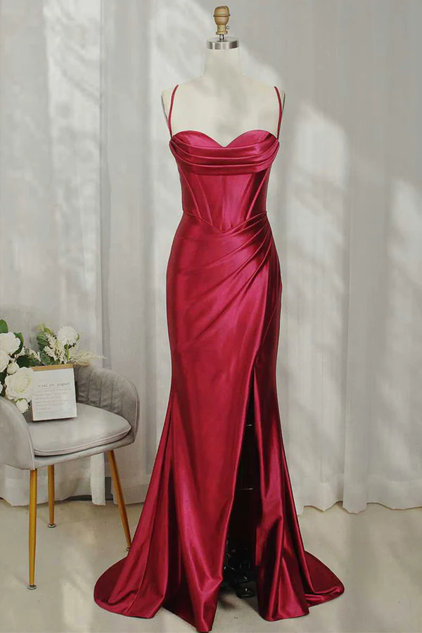 Simple Long Satin Formal Wear Red Straps Sheath Evening Prom Dresses ...