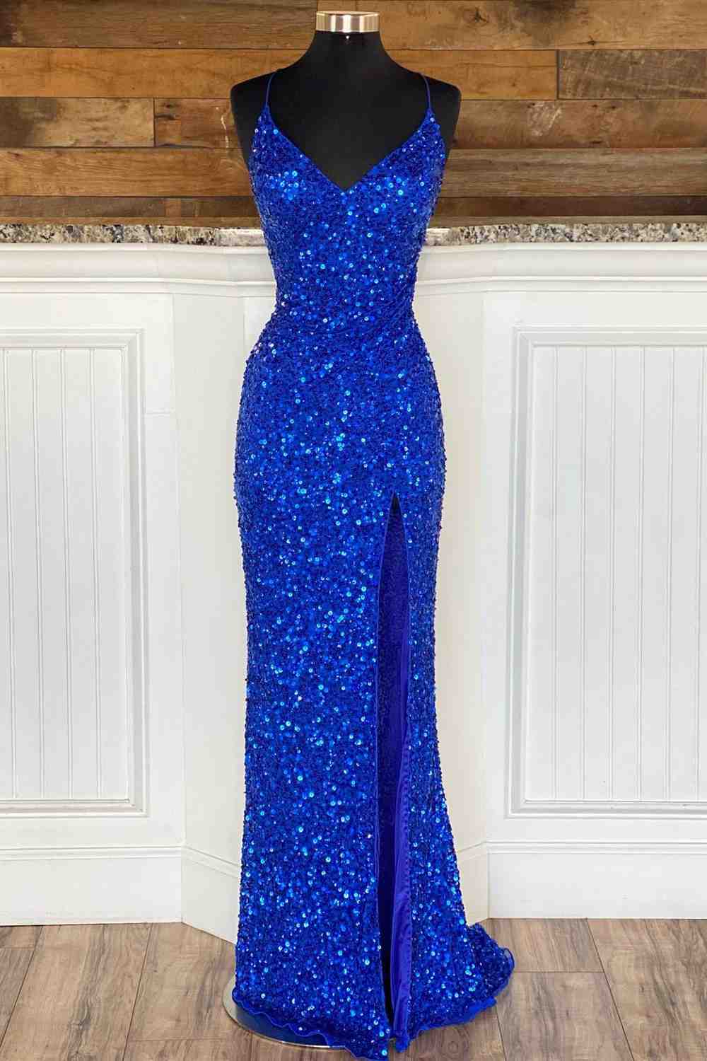 Simple Royal Blue Glitters Prom Dresses Long High Slit Party Formal Dr ...