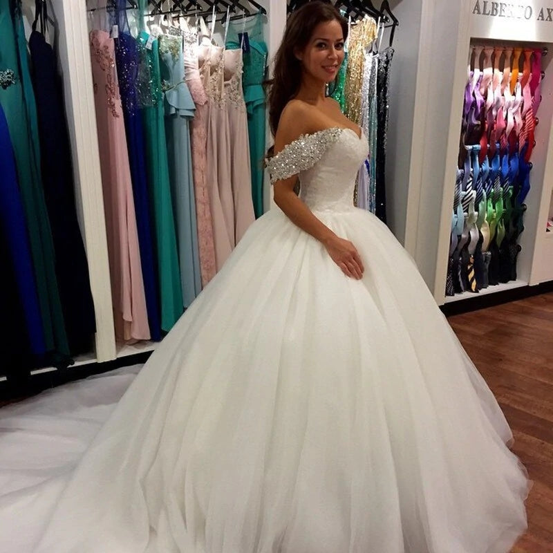 Crystals White Wedding Dresses Ball Gown