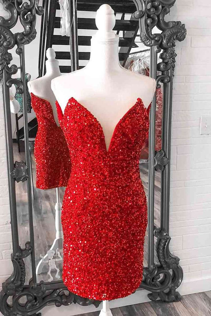 Tight Red Sequins Prom Dress Strapless V Neck Short Homecoming Dress ...