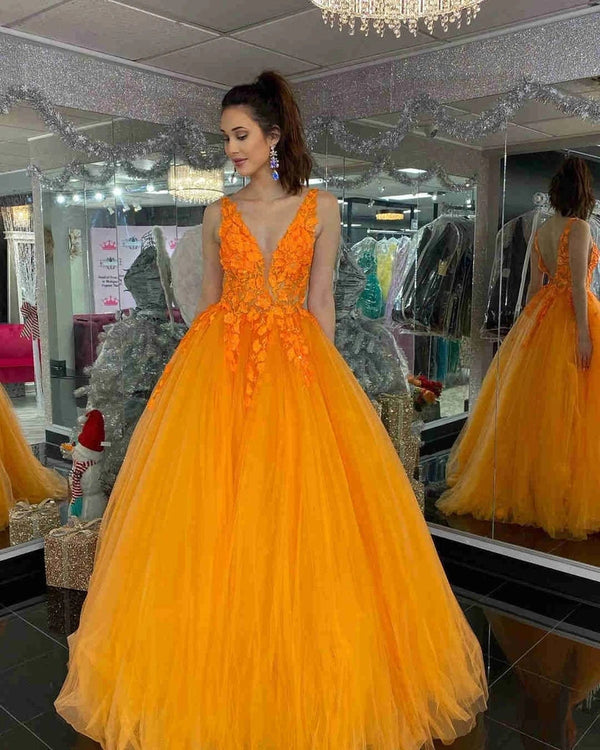 2022 Orange Lace Prom Dresses Floral V Neck Formal Evening Dress Mychicdress 9848