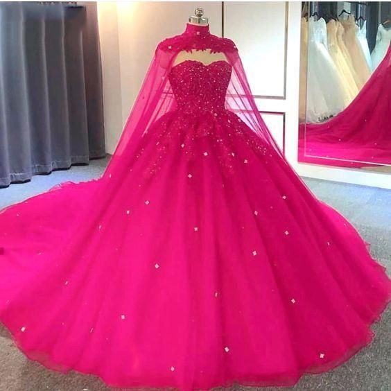 Hot Pink Quinceanera Dresses Sweet 16 Ball Gown Detachable Cape Mychicdress 