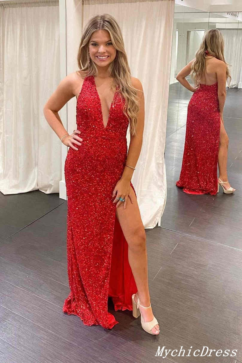 Halter Sequin Cheap Prom Dresses Red