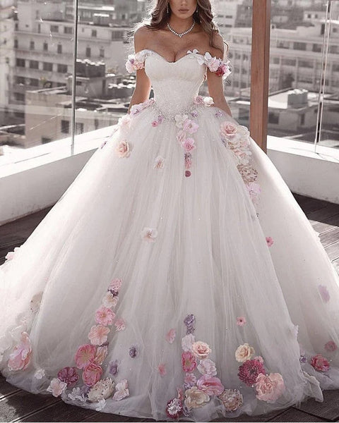 Off Shoulder Floral Flowers Ball Gowns