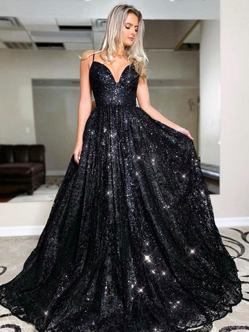 A Line Black Sequin Prom Dresses