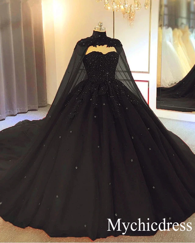 2024 vestido de fiesta con apliques de cristales, vestidos de novia góticos negros sin mangas con capa