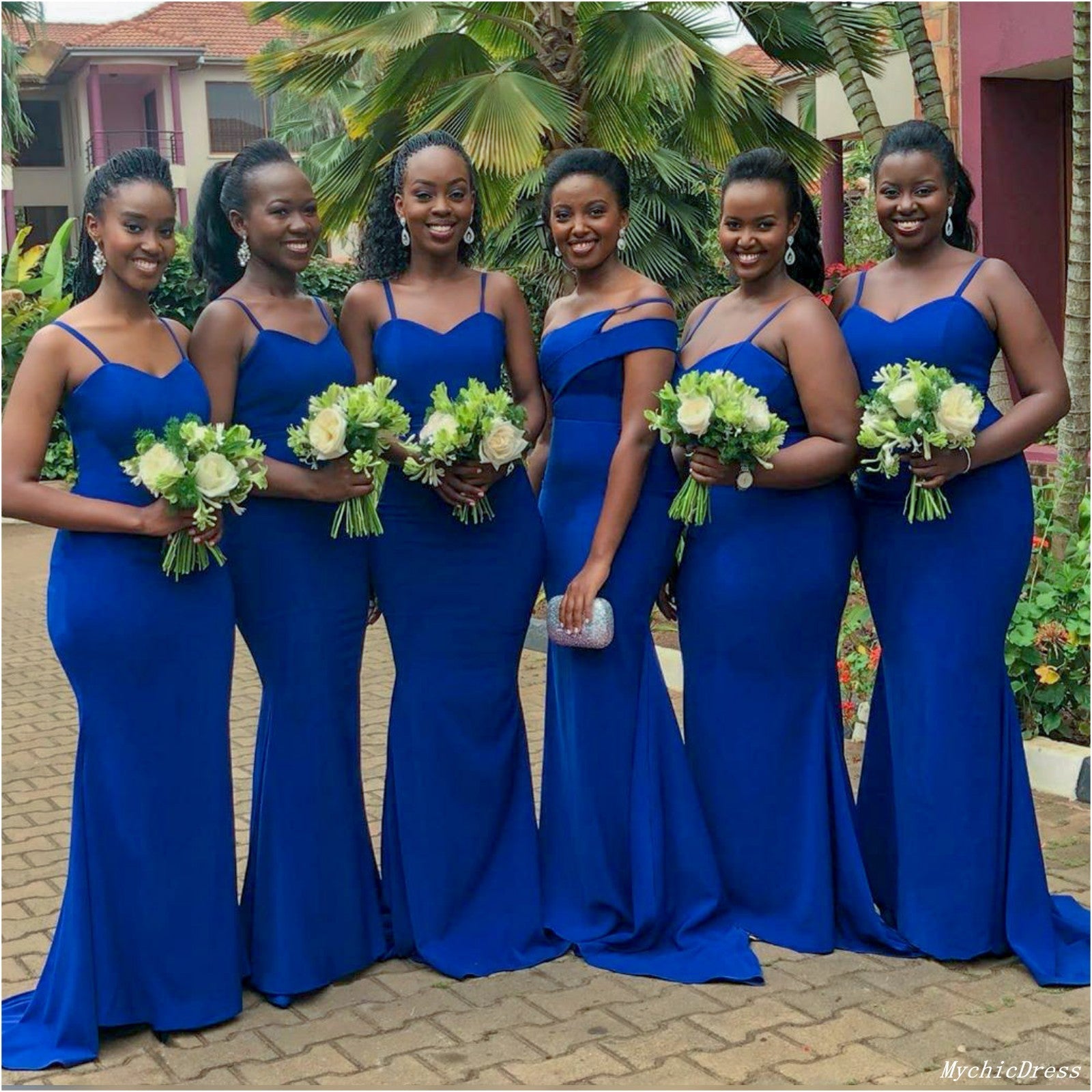 Vestidos de dama de honor azul satinado africano