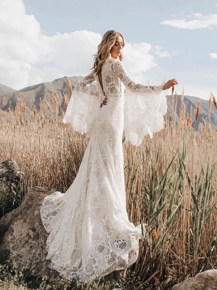 Lace Wedding Dresses Puffy Sleeves 
