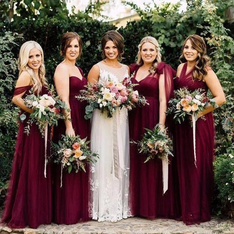 Long Tulle Burgundy Convertible Bridesmaid Dresses