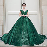 Emerald Green Quinceanera Dresses Sequin Ball Gown Off the Shoulder Wedding Dress