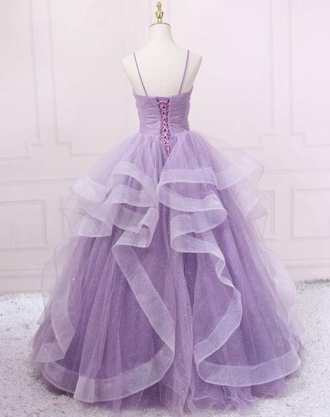 Sparkly Purple Evening Dresses Spaghetti Straps A Line Tulle Prom Dres ...