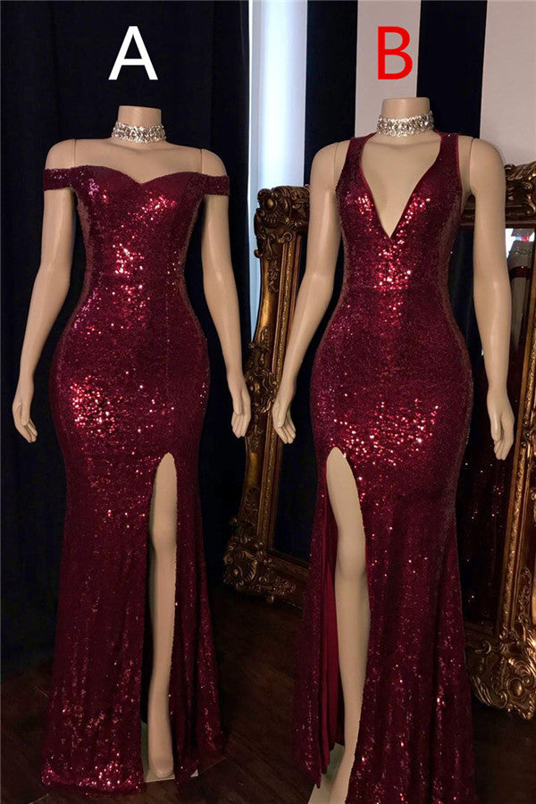 Glitter Burgundy Sequin Prom Dresses 