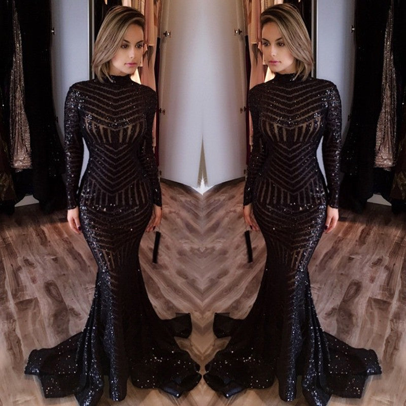 Long-Sleeves Sequined Prom Dress black