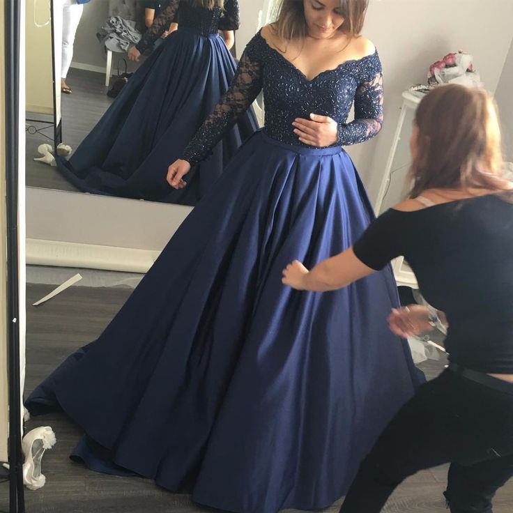Navy-Blue Lace Long-Sleeves Prom Dresses 