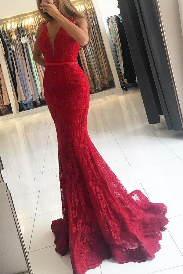 Sleeveless Lace Prom Dresses Red