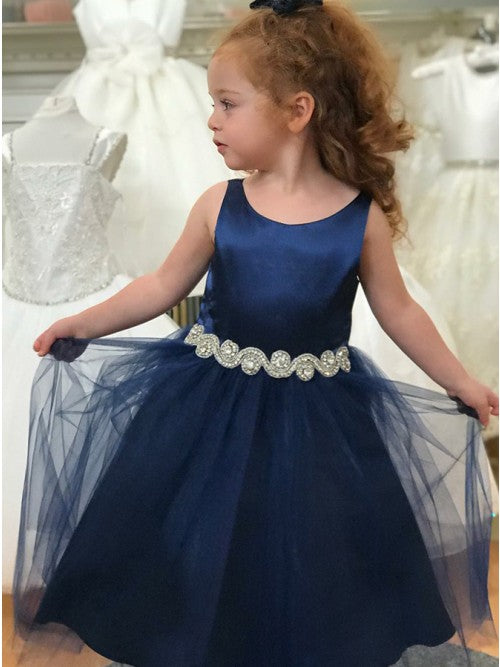 Scoop Satin Tulle Navy Blue Flower Girl Dresses with Belt