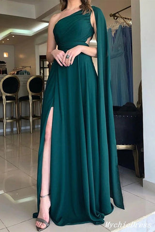 Long Green One Shoulder Formal Dress