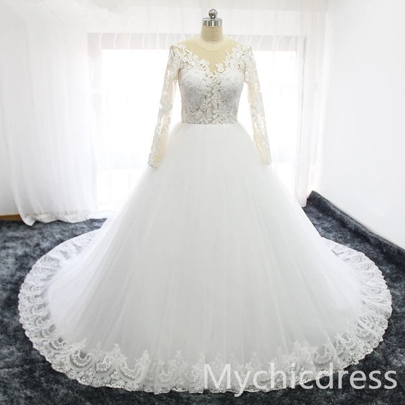 A Line Lace Tulle Ivory Vintage Wedding Dresses with Sleeves – MyChicDress