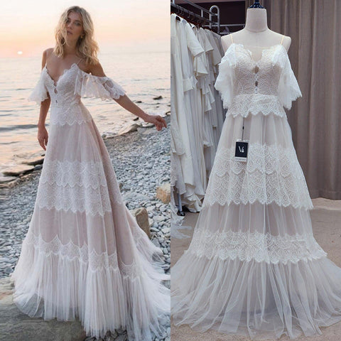 Vestidos de novia color champán Boho Tirantes espagueti Sin espalda