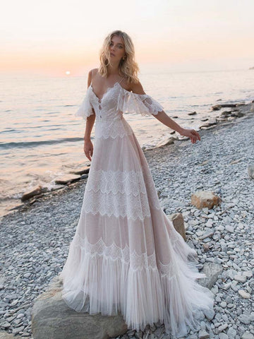 Tulle Beach Champagne Wedding Dresses
