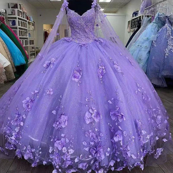 3D Flowers 2024 Quinceanera Dresses Purple With Cape