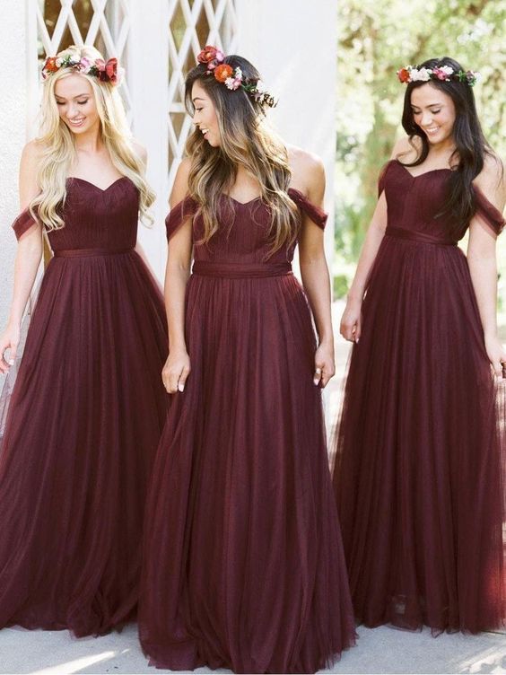 Burgundy Tulle Wedding Party Dress