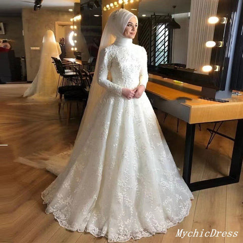 A Line Lace White Muslim Wedding Dresses