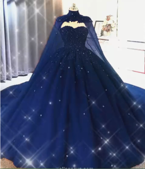Ball Gown Navy Blue Tulle Lace Crystals Quinceanera Dresses With Cape ...