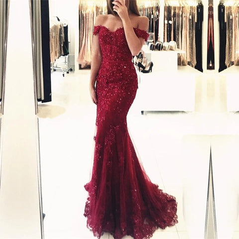 Off The Shoulder Lace Prom Dresses Burgundy