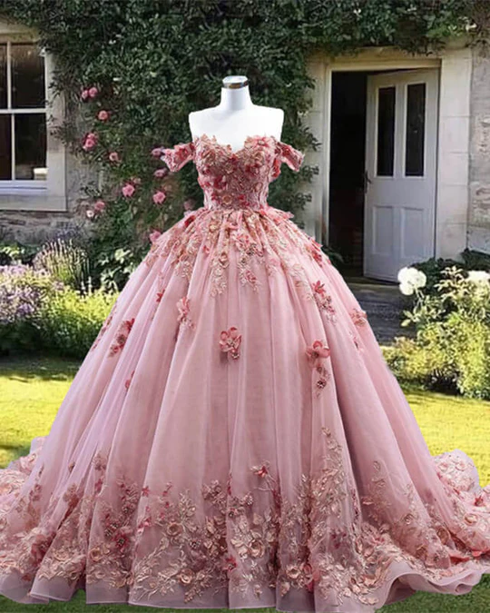 Vestido de fiesta con flores en 3D, vestidos de quinceañera rosas 2023