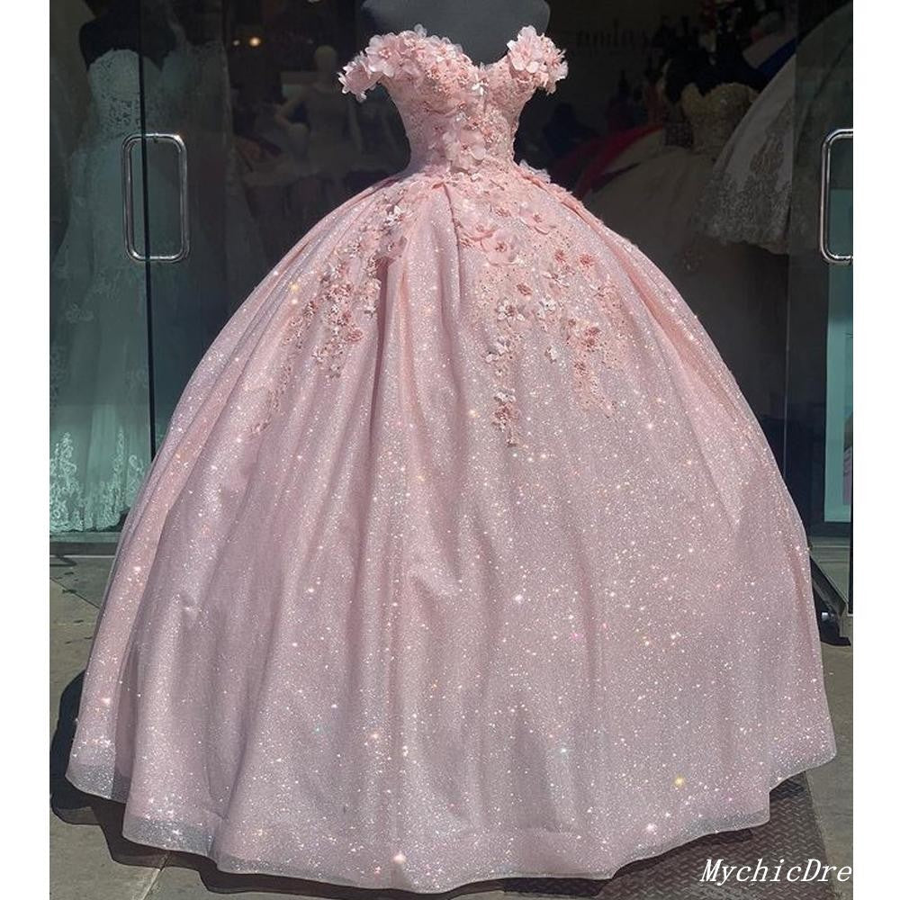 pink Sweet 16 Sequin 3d Floral Quinceanera Dresses