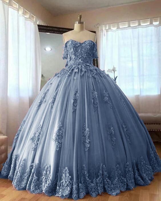 Dusty Blue Lace Quinceanera Dresses Ball Gowns Sweet 16 Dress – MyChicDress