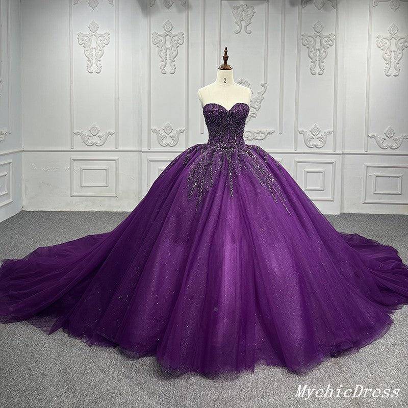 Vestido de fiesta morado, vestidos de quinceañera, vestidos de novia de lentejuelas con forma de corazón de tul para mujer