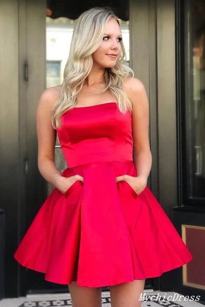 Simple Short Red Satin Homecoming Dresses