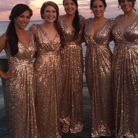 Vestido de invitada de boda con lentejuelas en oro rosa y corte A