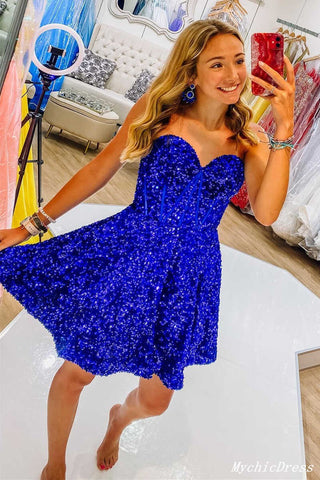 A Line Royal Blue Sequin Homecoming Dresses
