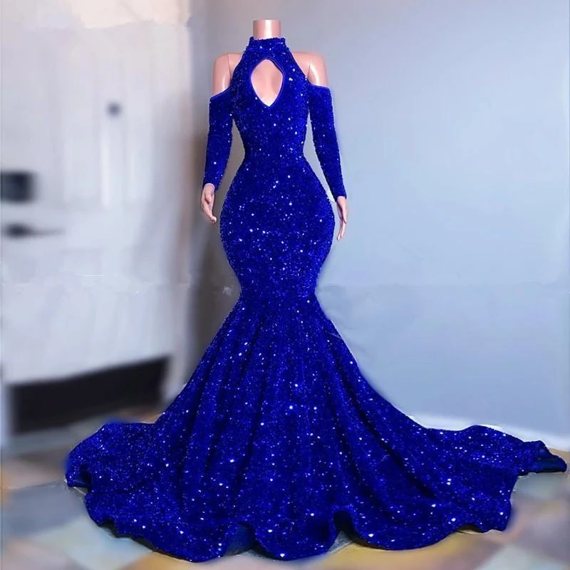 Long Sleeve Prom Dresses Royal Blue Sequins
