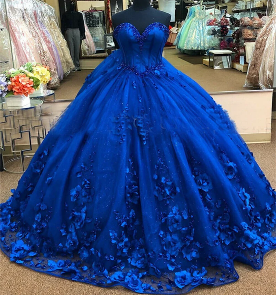 3D Flowers Crystals Royal Blue Quinceanera Dresses