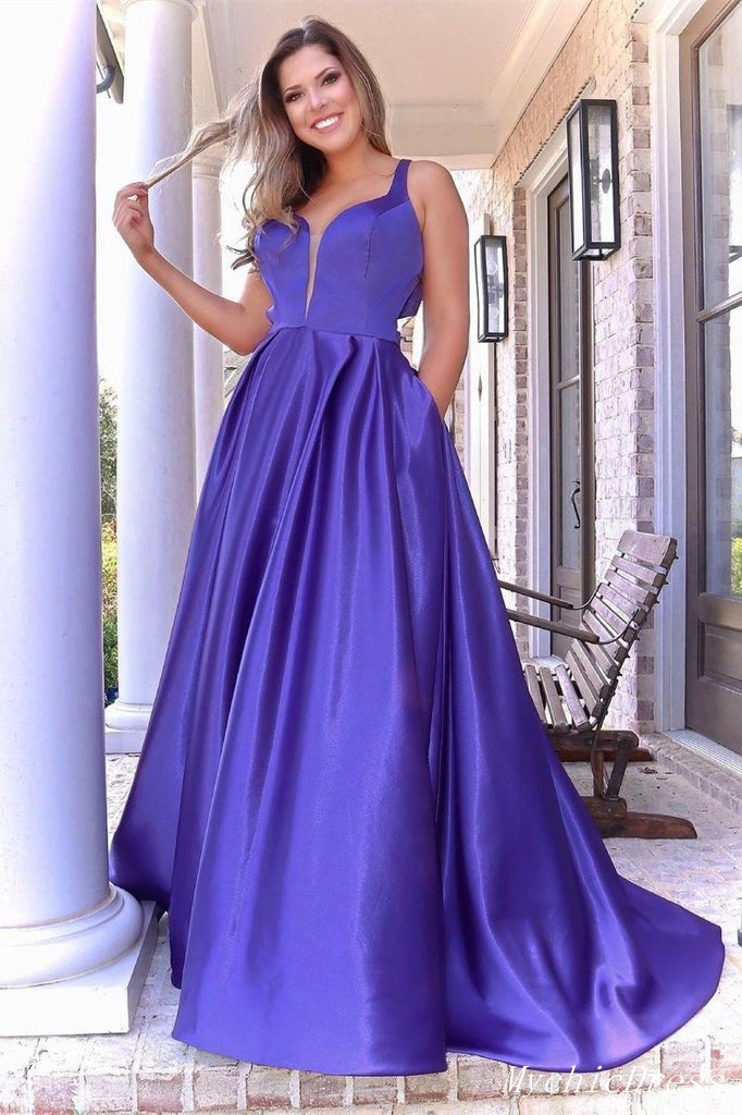 A Line Sleeveless Satin Prom Dresses Strap Long Eveing Dresses with Ba ...