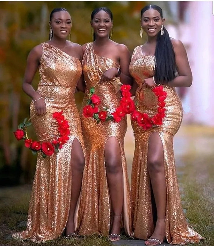 Gold Sequin Bridesmaid Dresses One Shoulder