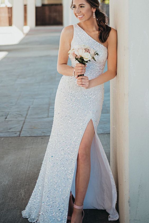 white sequin One Shoulder Prom Dress