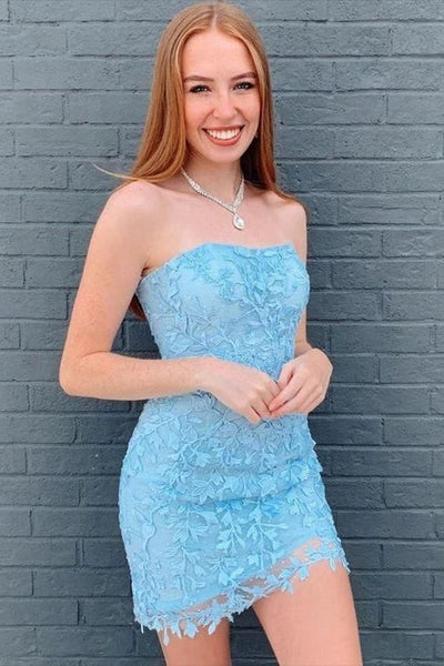 Sexy Short Strapless Tight Lace Party Dresses Blue