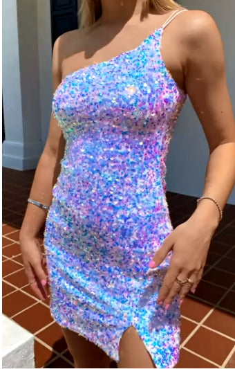 One Shoulder Glitter Homecoming Dress