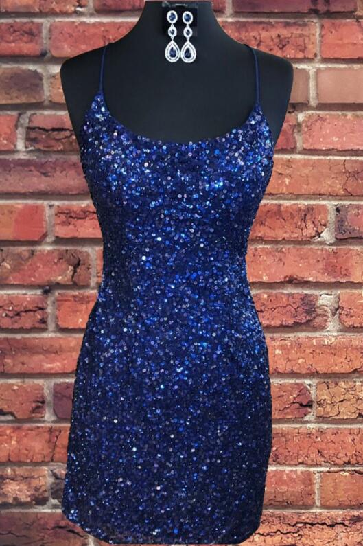 Navy Blue Sequin Prom Dresses Tight