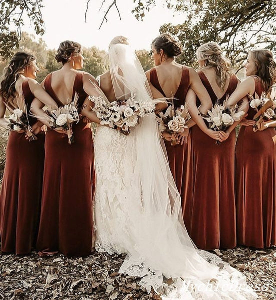 Long V Neck Rust Velvet Bridesmaid Dresses