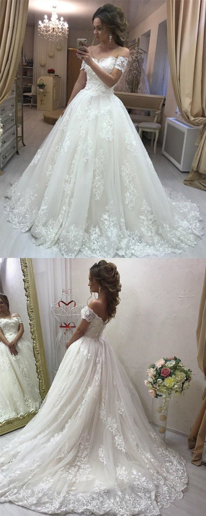 Gorgeous A Line Off the Shoulder Lace Wedding Dresses Tulle Appliques ...