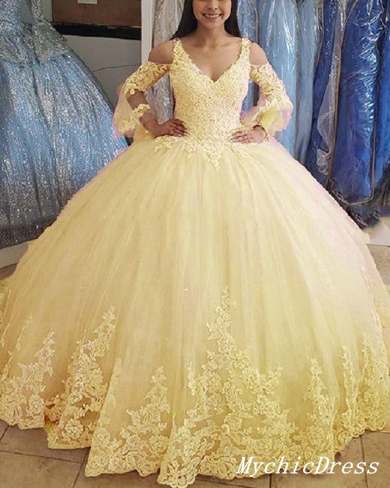 Vestidos de quinceañera amarillos de encaje baratos